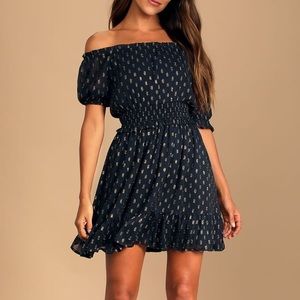 ⭐️ 40% OFF 3+ Lulus Touch of Glam Navy Blue Off-the-Shoulder Mini Dress XS